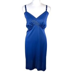 Shadowline Vintage Royal Blue Nylon Slip Dress Floral Embroidery Size 42 USA